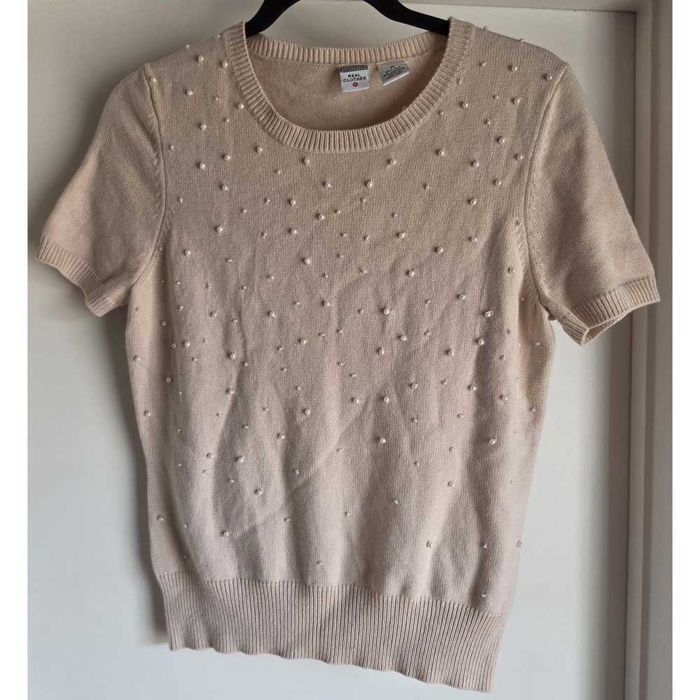 VTG Real Clothes Silk Cashmere Blend Sweater M Beige Short Sleeve Top Pearls